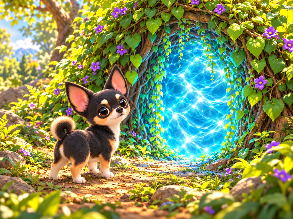 Rey  mira con curiosidad un portal de agua luminosa entre enredaderas y flores.